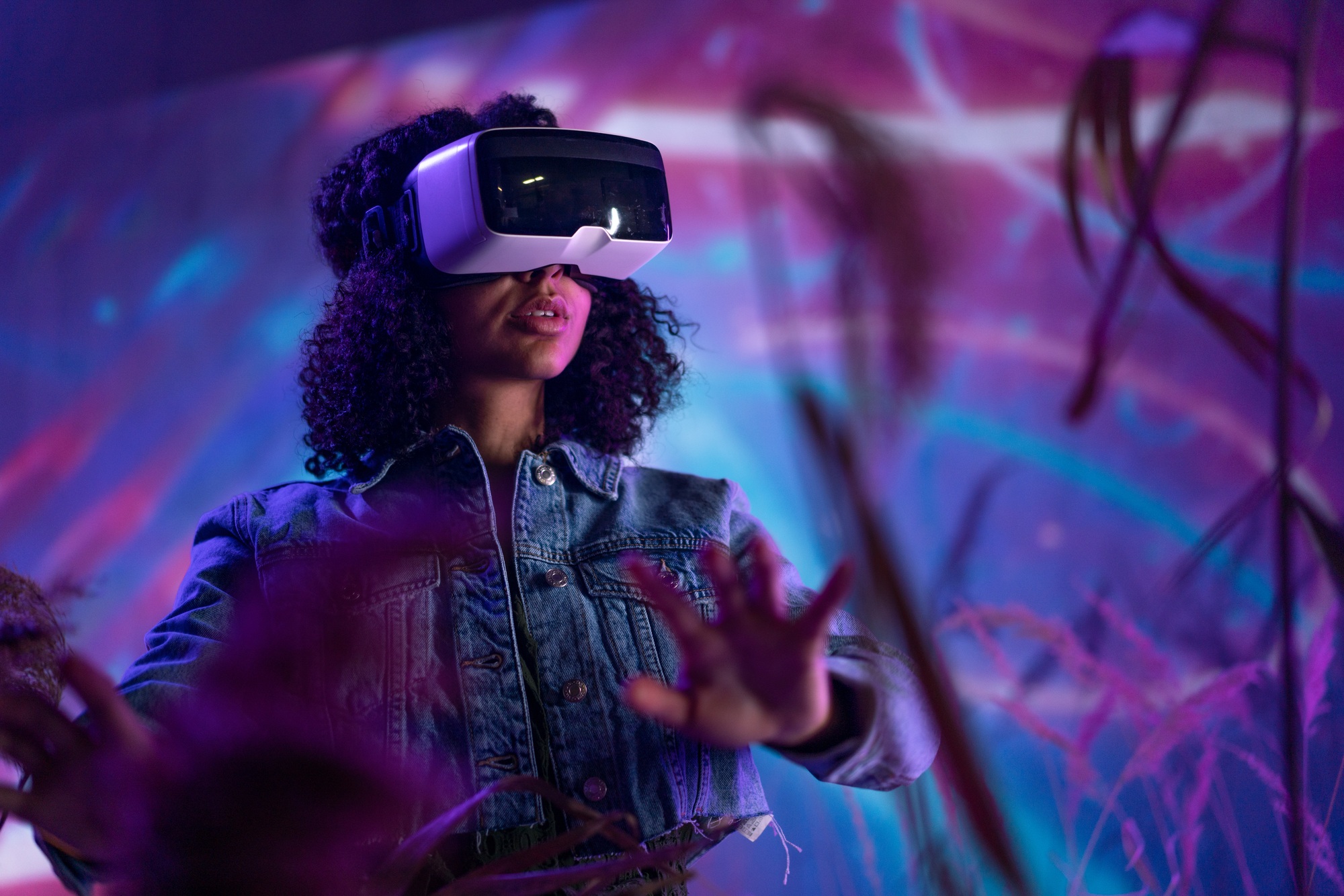 Metaverse digital cyber world technology, woman with virtual reality VR goggles playing augmented